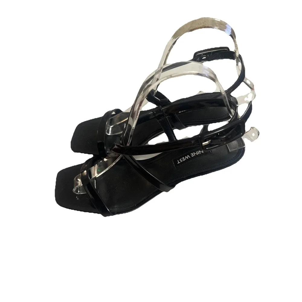 Nine West Womens Hanni Strappy Square Toe Kitten Heel Sandal Black Size 6.5M New
